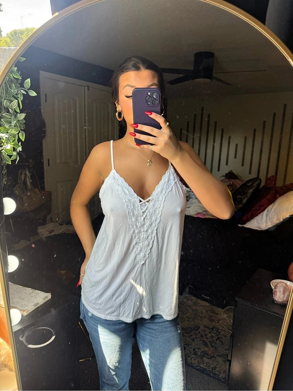 American Eagle Outfitters Soft & Sexy Tank 1977 Lace Trim Tank in White Large